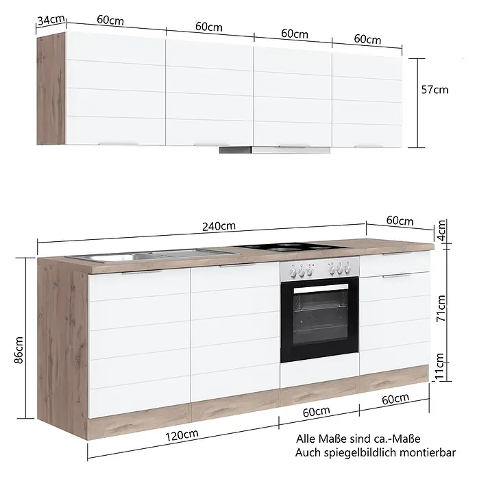 Held Möbel Küchenleerblock Genua Typ 1 - Breite: 240 cm, Weiß, Ohne Elektrogeräte - Weiße Küchenzeile mit Holzoptik-Details, Ober- und Unterschränken, Spüle, Kochfeld und Backofen. Gesamtbreite 240cm.