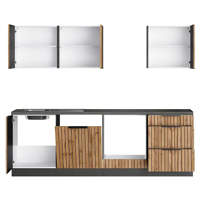Held Möbel Küchenleerblock Bologna Typ 1 - Breite: 240 cm, Eiche, Ohne Elektrogeräte - Moderne Küchenzeile: dunkelgraue Arbeitsplatte, Spüle, Kochfeld, Holzoptik-Schränke/Schubladen, weißes Interieur. Türen teils offen.