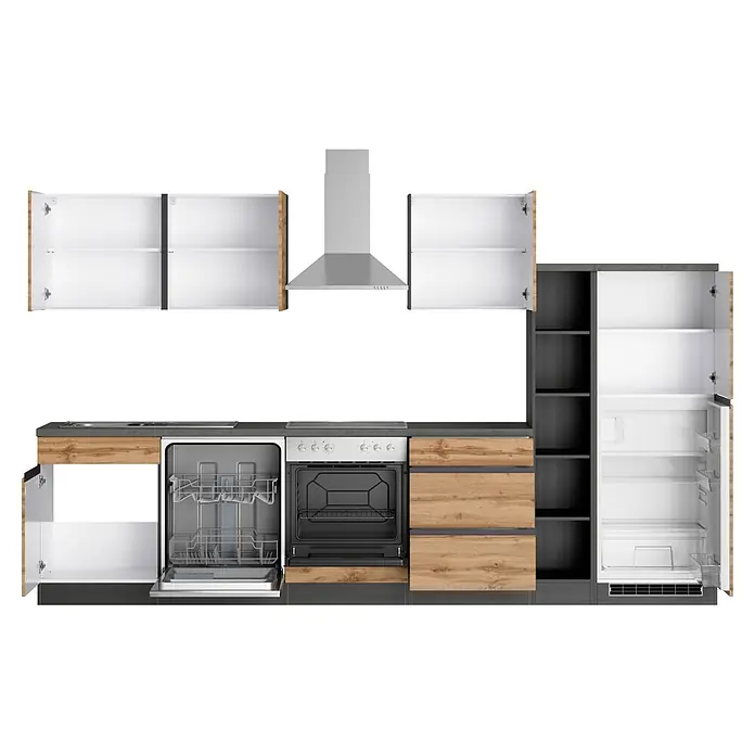 Held Möbel Küchenzeile Catania Typ 1 - Breite: 330 cm, Wotaneiche, Mit Elektrogeräten - Moderne modulare Küche mit hellen Holz- und dunkelgrauen Schränken, integriertem Geschirrspüler, Backofen, Kühlschrank und Dunstabzugshaube.