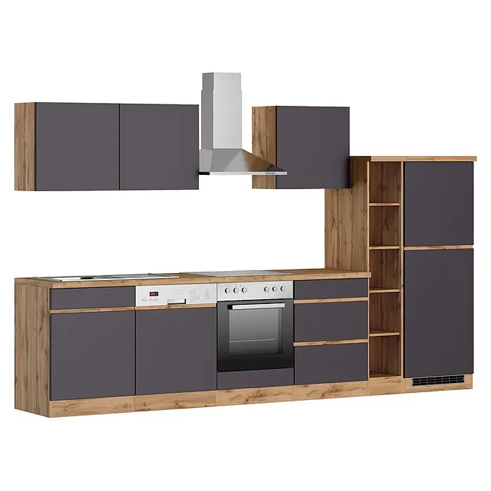 Held Möbel Küchenzeile Catania Typ 1 - Breite: 330 cm, Grau, Mit Elektrogeräten - Moderne Küchenzeile mit dunkelgrauen Türen, hellen Holzmaserung-Akzenten, Spüle, Herd, Backofen, Geschirrspüler und Dunstabzugshaube.