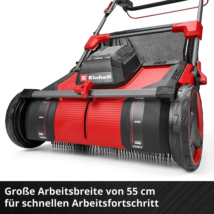 Einhell PXC 18V Laubsammler GE-GC 18/55 Li - Ohne Akku, 18 V, 100 l - Roter und schwarzer Einhell Vertikutierer mit 55 cm Arbeitsbreite und Bürsten.