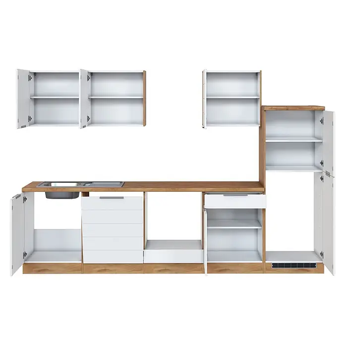 Held Möbel Küchenleerblock Genua Typ 3 - Breite: 300 cm, Weiß, Ohne Elektrogeräte - Modulare weiße Küchenzeile mit Holzplatte und Edelstahlspüle. Mit offenen Schränken, Regalen und Schubladen.