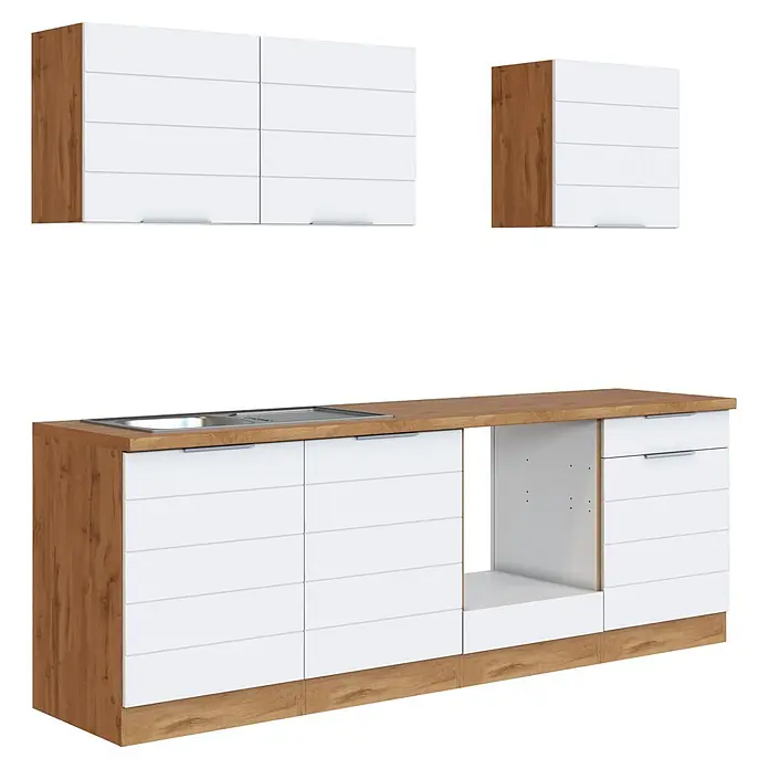 Held Möbel Küchenleerblock Genua Typ 1 - Breite: 240 cm, Weiß, Ohne Elektrogeräte - Weiße Küchenschränke mit Holzmaserung, Arbeitsplatte, Spüle und Metallgriffen. Basis- und Wandschränke.