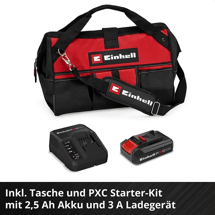 Einhell PXC 18V Einhand-Akku-Kettensäge GE-PS 18/15 + GE-LS 18 - 18 V, 2,5 Ah, Li-Ionen, 1 Akku, Schwertlänge: 15,8 cm - Rote und schwarze Einhell Werkzeugtasche mit PXC Akku und Ladegerät.