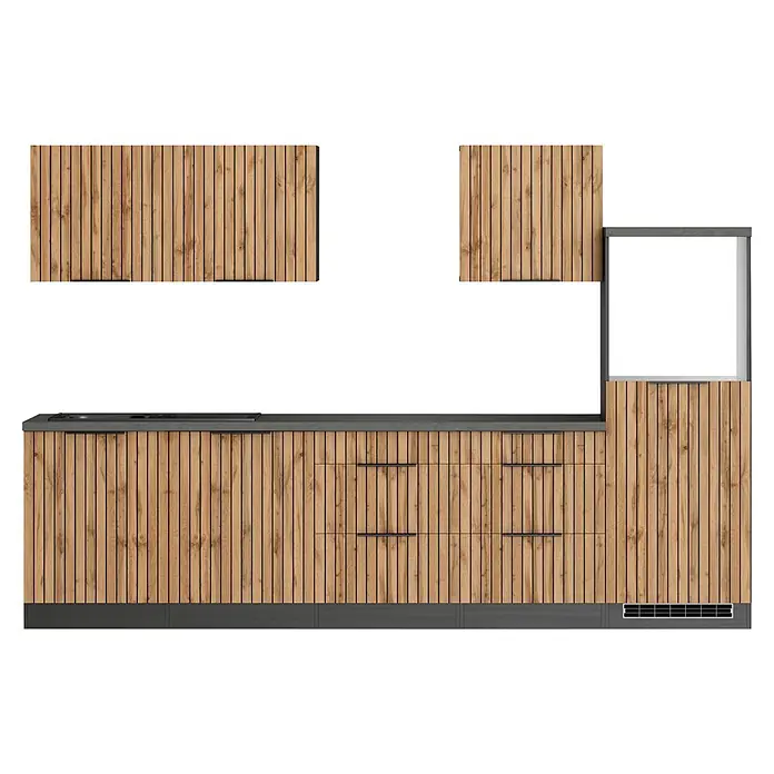 Held Möbel Küchenleerblock Bologna Typ 4 - Breite: 300 cm, Eiche, Ohne Elektrogeräte - Moderne Küchenzeile mit hellen Holzlamellen, dunkler Arbeitsplatte und Oberschränken.