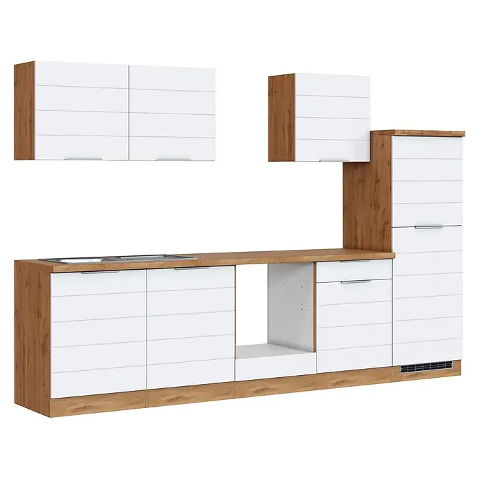 Held Möbel Küchenleerblock Genua Typ 3 - Breite: 300 cm, Weiß, Ohne Elektrogeräte - Moderne Küchenzeile mit weißen Fronten und Arbeitsplatte sowie Seitenwänden in heller Holzoptik, inklusive Spüle und Gerätestellplatz.