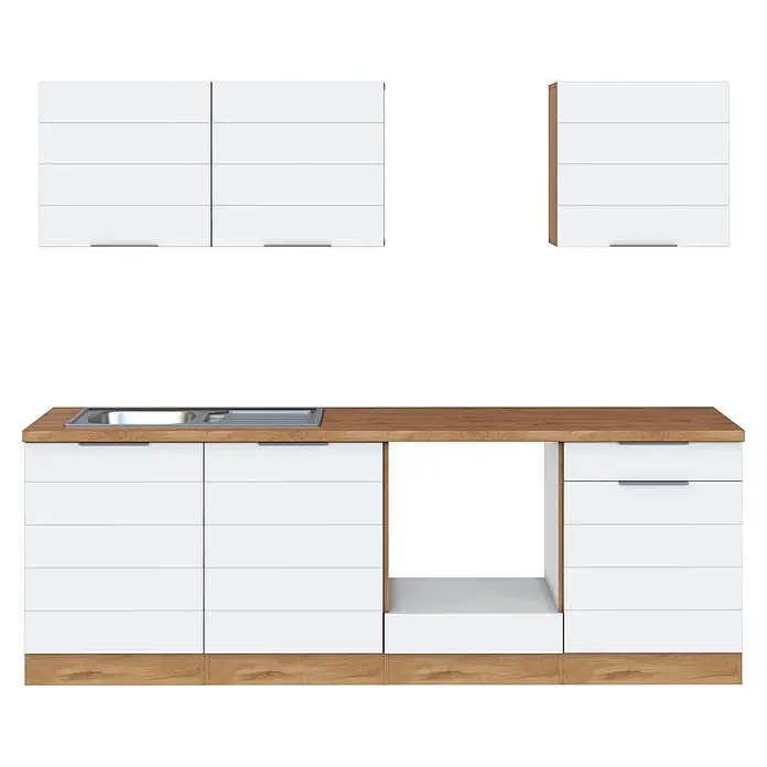 Held Möbel Küchenleerblock Genua Typ 1 - Breite: 240 cm, Weiß, Ohne Elektrogeräte - Weiße Küchenunterschränke mit Holzplatte, integrierter Spüle und Oberschränken.