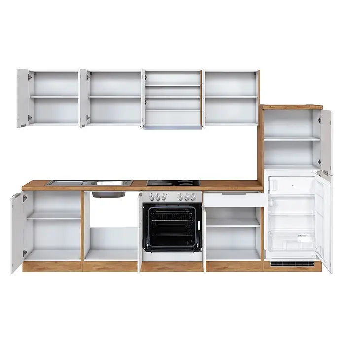 Held Möbel Küchenzeile Genua Typ 1 - Breite: 300 cm, Weiß, Mit Elektrogeräten - Modulare Küchenzeile mit offenen weißen Schränken, Holzplatte, Spüle, Elektroherd, Backofen und Kühlschrank.