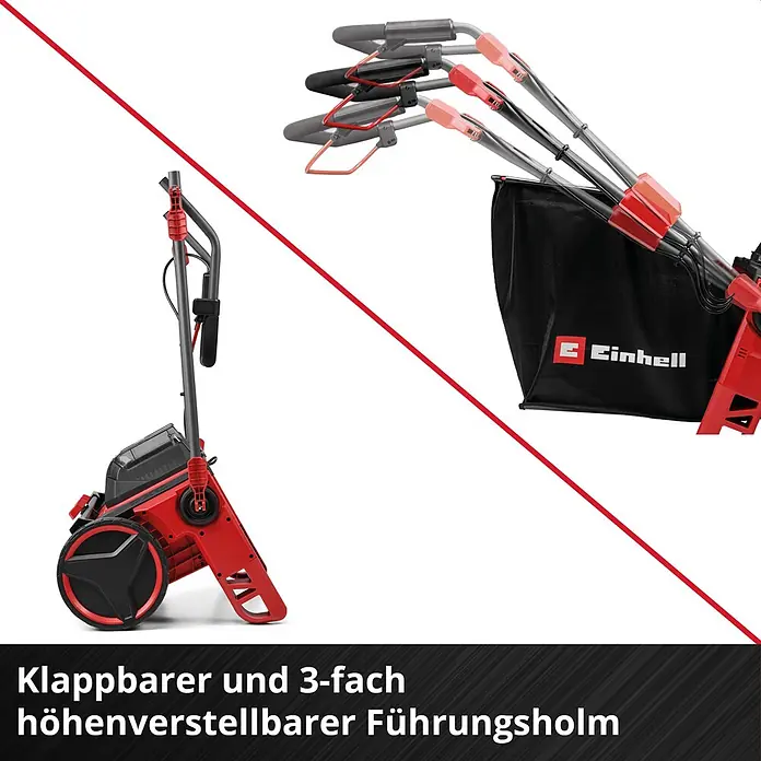 Einhell PXC 18V Laubsammler GE-GC 18/55 Li - Ohne Akku, 18 V, 100 l - Rot-schwarzer Rasenlüfter mit klappbarem und 3-fach höhenverstellbarem Führungsholm, in Gesamtansicht und Detailaufnahme.