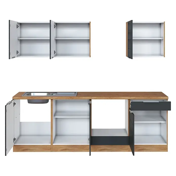 Held Möbel Küchenleerblock Genua Typ 1 - Breite: 240 cm, Grau, Ohne Elektrogeräte - Modulare Küchenschränke mit heller Holzoptik, weißen Innenseiten und dunkelgrauen Akzenten, mit offenen Fächern und Spüle.