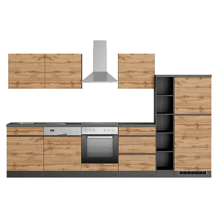 Held Möbel Küchenzeile Catania Typ 1 - Breite: 330 cm, Wotaneiche, Mit Elektrogeräten - Moderne Modulküche mit hellen Holzmaserungsschränken, dunkelgrauen Arbeitsplatten, integrierten Geräten und Dunstabzugshaube.