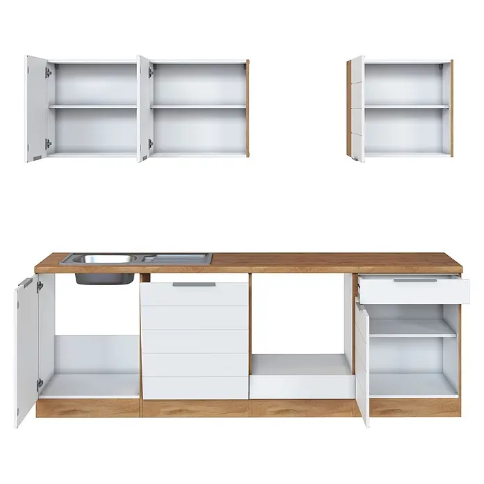 Held Möbel Küchenleerblock Genua Typ 1 - Breite: 240 cm, Weiß, Ohne Elektrogeräte - Modulare Küchenschränke aus Weiß und hellem Holz mit offenen Türen, Schubladen und Spülbecken.