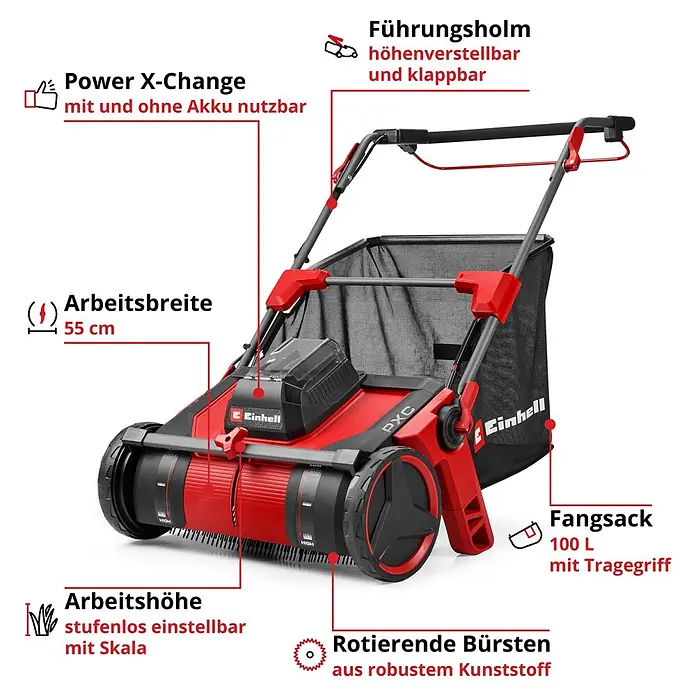 Einhell PXC 18V Laubsammler GE-GC 18/55 Li - Ohne Akku, 18 V, 100 l - Roter und schwarzer Akku-Rasenlüfter mit 55 cm Arbeitsbreite, höhenverstellbarem Holm, 100 L Fangsack und rotierenden Kunststoffbürsten.