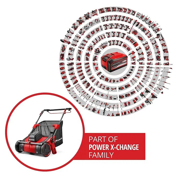 Einhell PXC 18V Laubsammler GE-GC 18/55 Li - Ohne Akku, 18 V, 100 l - Einhell Power X-Change Familie: ein rot-schwarzer Rasenlüfter, ein Akku und eine kreisförmige Anordnung vieler Akku-Werkzeuge.