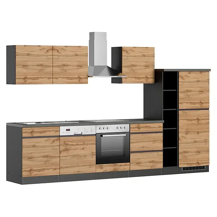 Held Möbel Küchenzeile Catania Typ 1 - Breite: 330 cm, Wotaneiche, Mit Elektrogeräten - Moderne Küche mit hellen Holzoptik-Schränken, dunkelgrauen Akzenten, integriertem Backofen, Kochfeld, Geschirrspüler und Dunstabzugshaube.