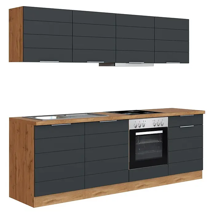 Held Möbel Küchenzeile Genua Typ 1 - Breite: 240 cm, Grau, Mit Elektrogeräten - Moderne Küche mit dunkelgrauen Schränken, heller Arbeitsplatte und Seiten in Holzoptik.