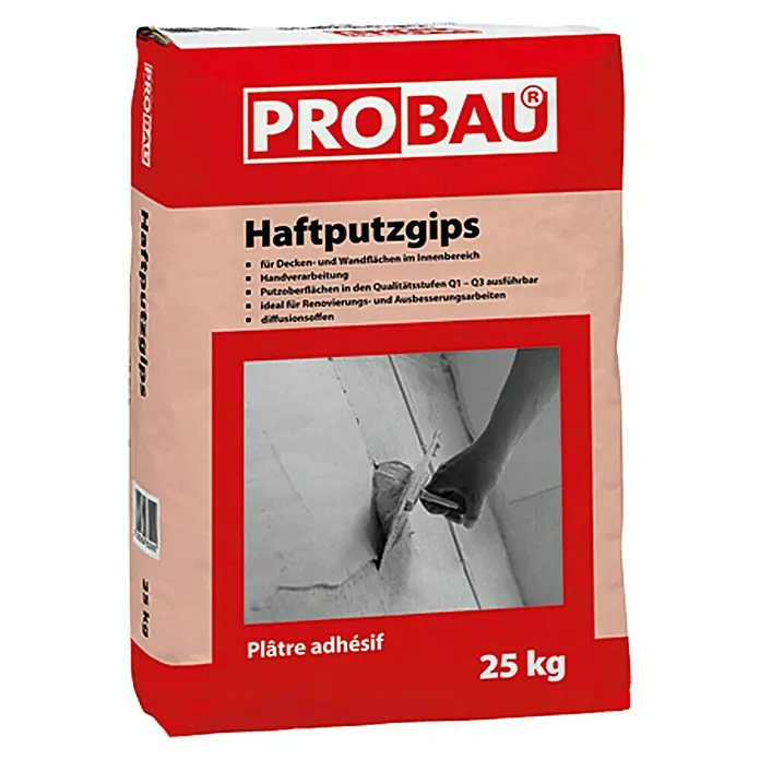 Probau Haftputzgips - 25 kg - Abbildung eines 25 kg Sackes Haftputzgips von PROBAU, einem idealen Produkt für Decken- und Wandflächen im Innenbereich.