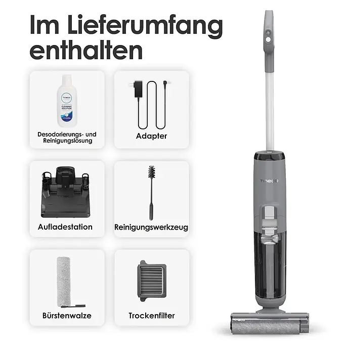 Tineco Akku-Nass-Trockensauger iFLOOR 5 Breeze - Akkulaufzeit: 35 min, Wassertankvolumen: 0,8 l - Tineco Nass-Trocken-Staubsauger mit Zubehör: Reinigungslösung, Adapter, Ladestation, Reinigungswerkzeug, Bürstenwalze und Trockenfilter.