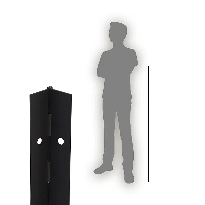 Walteco Stangenscharnier - L x B: 1.200 x 32 mm - Schwarzer Metalleckpfosten mit Löchern, daneben eine menschliche Silhouette zur Größenansicht.