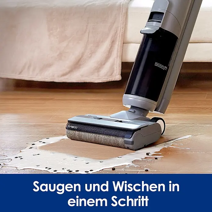 Tineco Akku-Nass-Trockensauger iFLOOR 5 Breeze - Akkulaufzeit: 35 min, Wassertankvolumen: 0,8 l - Tineco Nass-Trocken-Sauger reinigt verschüttete Flüssigkeit mit Partikeln auf Holzboden.