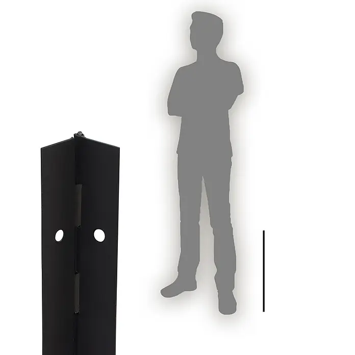 Walteco Stangenscharnier - L x B: 400 x 32 mm - Schwarzer Metalleckpfosten mit Scharnieren und Löchern, im Maßstab zu einer menschlichen Silhouette.