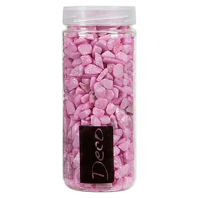 Deko-Steine - Pink, Korngröße: Ø 9 - 13 mm, 500 ml - Ein Glasbehälter gefüllt mit dekorativen rosa Steinen, ideal für florale Arrangements und zur Verzierung von Gärten oder Wohnräumen.