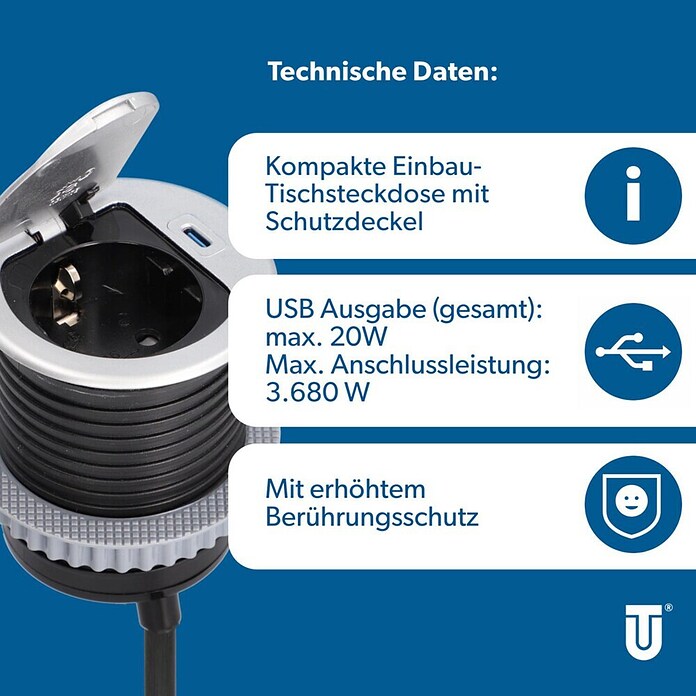 UniTEC Einbausteckdose Tischsteckdose mit USB C (Schwarz, Silber, Kabellänge: 1,5 m) | BAUHAUS