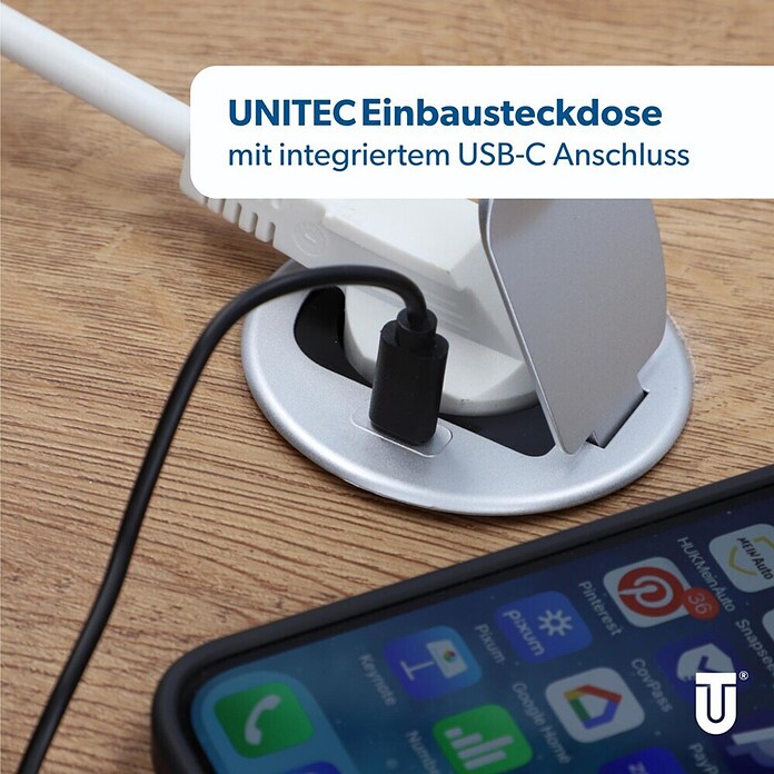 UniTEC Einbausteckdose Tischsteckdose mit USB C (Schwarz, Silber, Kabellänge: 1,5 m) | BAUHAUS