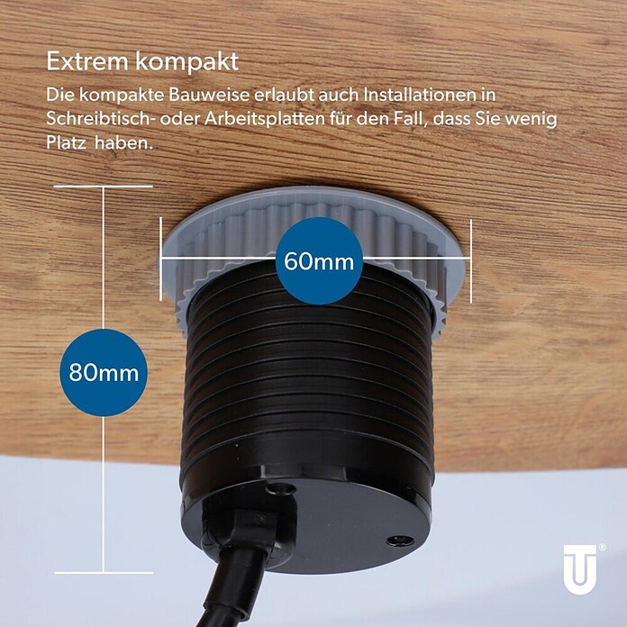 UniTEC Einbausteckdose Tischsteckdose mit USB C (Schwarz, Silber, Kabellänge: 1,5 m) | BAUHAUS