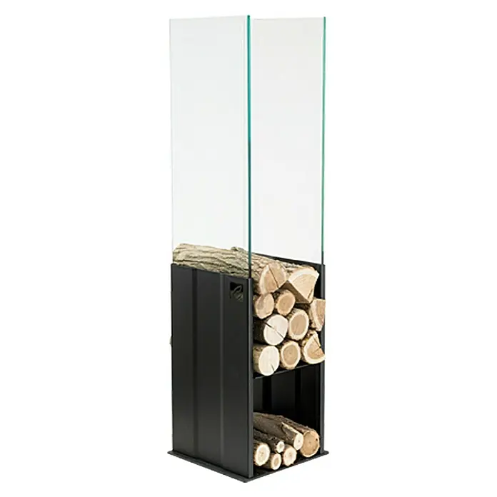 Holzkorb Elena - 30 x 30 x 112 cm, Stahl, Anthrazit - Ein moderner Kaminholzständer mit Glasaufsatz, der Holzscheite stilvoll präsentiert und gleichzeitig als dekoratives Element dient.