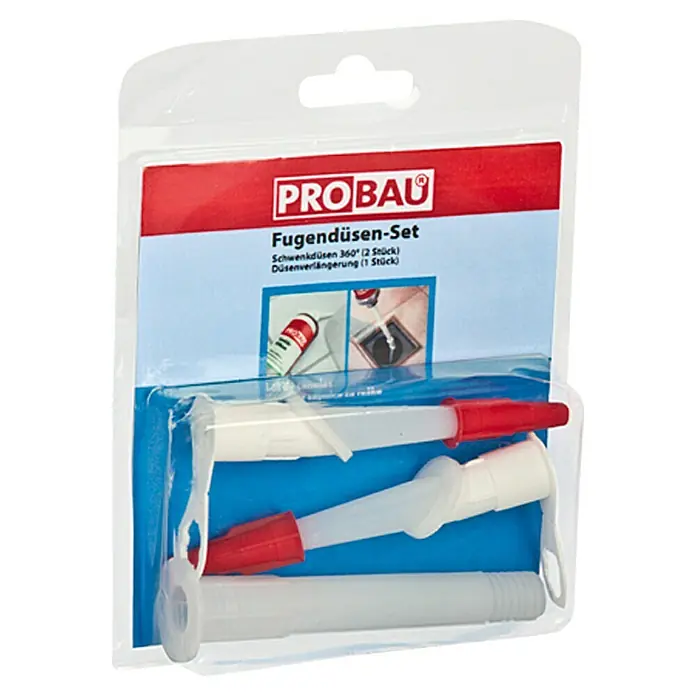 Probau Fugendüsen-Set - Geeignet für: Alle Probau Kartuschen - Abgebildet ist ein "PROBAU Fugendüsen-Set", bestehend aus Schwenkdüsen und einer Düsenverlängerung in einer transparenten Verpackung.