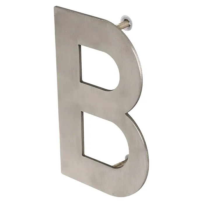 Nesu Número - Altura: 100 mm, B, Plateado, Acero inoxidable - Letra B de metal cepillado con dos pernos de montaje separadores.