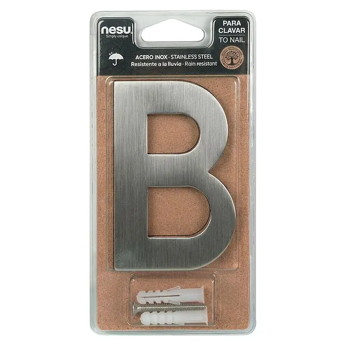 Nesu Número - Altura: 100 mm, B, Plateado, Acero inoxidable - Letra B de acero inoxidable en empaque con accesorios de montaje.