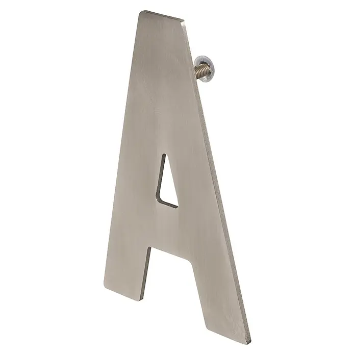 Nesu Número - Altura: 100 mm, A, Plateado, Acero inoxidable - Letra A de metal cepillado con tornillo de montaje.