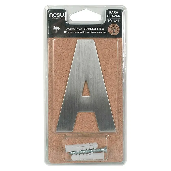 Nesu Número - Altura: 100 mm, A, Plateado, Acero inoxidable - Letra A de acero inoxidable cepillado en empaque transparente con herrajes de montaje (tacos y tornillos).