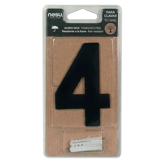 Nesu Número - Altura: 100 mm, 4, Negro mate, Acero inoxidable - Número de casa '4' negro de acero inoxidable con material de montaje en blíster.