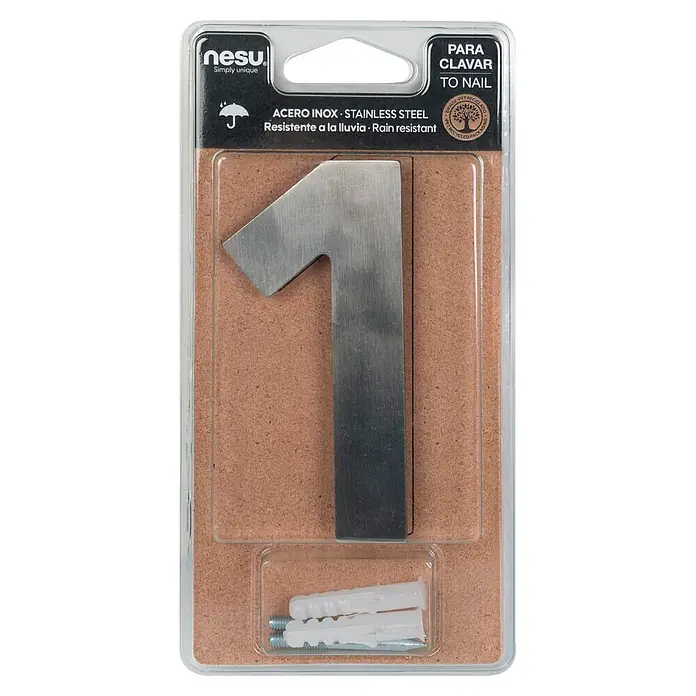 Nesu Número - Altura: 100 mm, 1, Plateado, Acero inoxidable - Número de casa 1 de acero inoxidable en blíster con material de fijación para clavar.