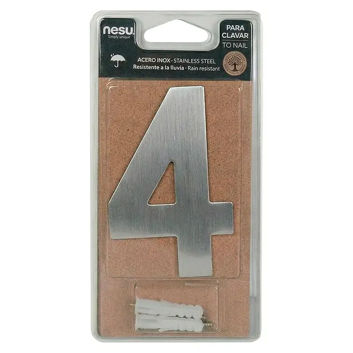 Nesu Número - Altura: 100 mm, 4, Plateado, Acero inoxidable - Número de casa 4 de acero inoxidable en blíster con elementos de fixación incluidos. Resistente a la lluvia.