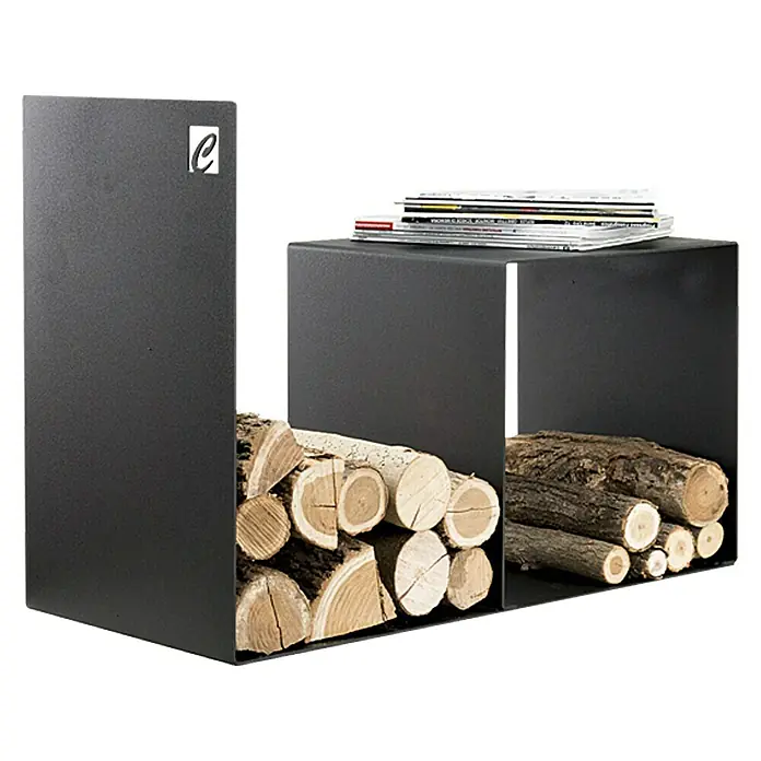 Holzregal Kubo - 35 x 71 x 52,5 cm, Stahl, Anthrazit - Stilvoller Holzständer aus Metall, gefüllt mit Brennholz und mit Zeitschriften obenauf, eine elegante Lösung für die Kaminholzaufbewahrung.