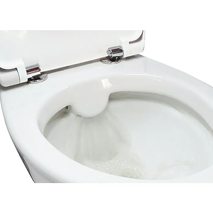 Camargue Rio Wand-WC - Spülrandlos, Ohne Spezialglasur, Spülform: Tief, WC Abgang: Waagerecht, Weiß - Nahaufnahme einer weißen Toilette mit geöffnetem Deckel während der Spülung. Das Design der Toilette ist modern und sauber.