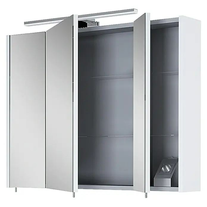 Riva Vulcano LED-Spiegelschrank - 80 x 61,8 cm, Mit Beleuchtung - Ein dreitüriger Spiegelschrank mit Beleuchtung. Der Schrank ist weiß und hat eine moderne Optik. Ideal für Badezimmer.