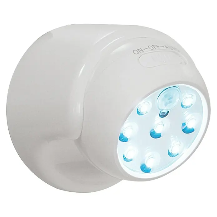 LED-Bewegungsmelder Vigilamp - Weiß, Außen - Nahaufnahme einer runden, weißen LED-Lampe mit mehreren hellen LEDs und einem Schalter für verschiedene Modi.