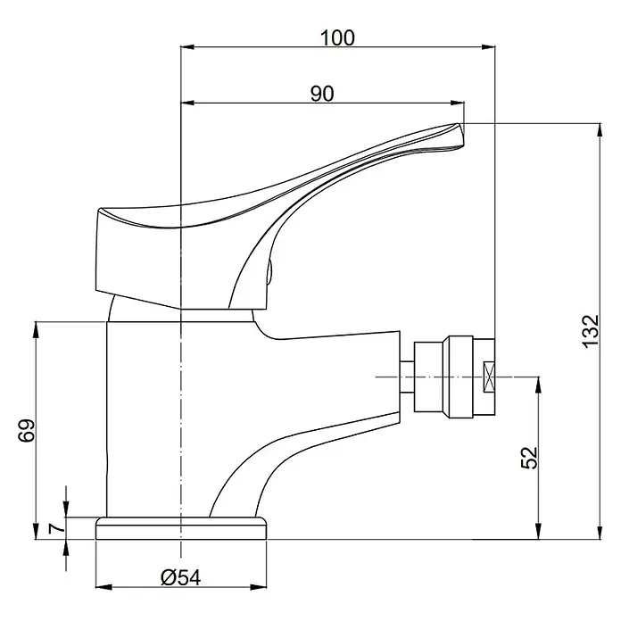 KV Badarmaturen-Set mit Waschtisch-, Bidet- und Unterputz-Duscharmatur | Cembra -  - Technische Zeichnung einer metallischen Einhebel-Waschtischarmatur mit Maßen in Seitenansicht.