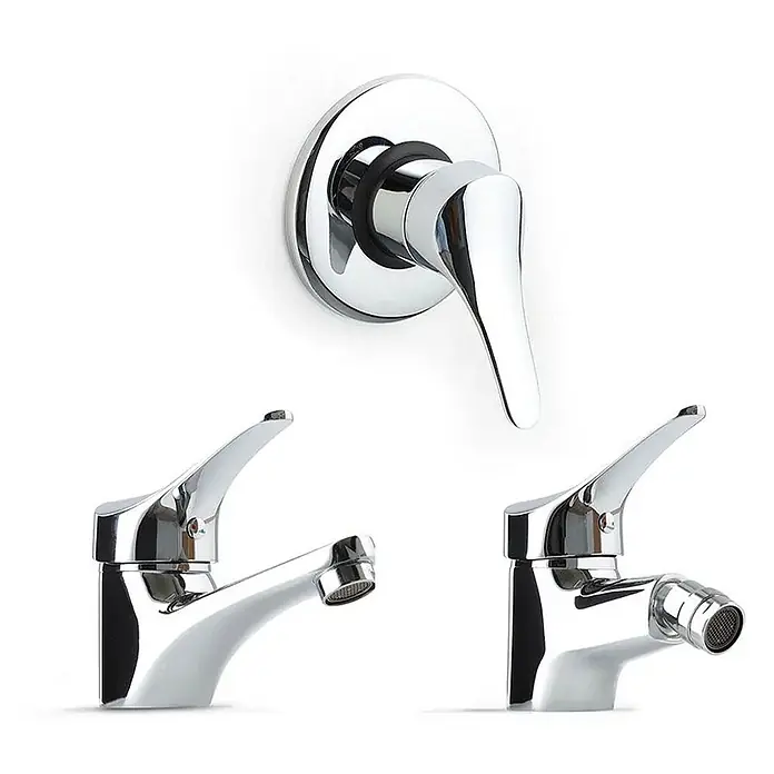 KV Badarmaturen-Set mit Waschtisch-, Bidet- und Unterputz-Duscharmatur | Cembra -  - Set aus drei polierten Chrom-Badezimmerarmaturen: Wand-Duschmischer, Waschtischarmatur und Bidetarmatur.