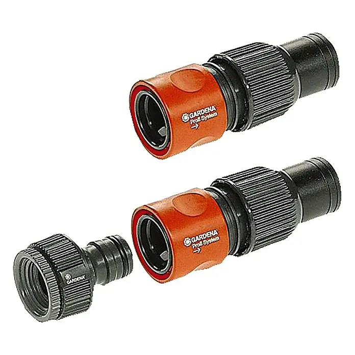 Gardena Sprinklersystem Profi-System Anschluss-Satz - Größe Anschluss: ¾″ - Abbildung von zwei Gardena Profi-System Schlauchstücken, die für eine sichere und schnelle Verbindung im Garten sorgen.