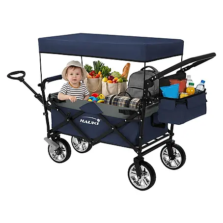 Hauki  Bollerwagen Gerätewagen Blau/Grau für Kinder Strand Picknick Camping bis 120 kg