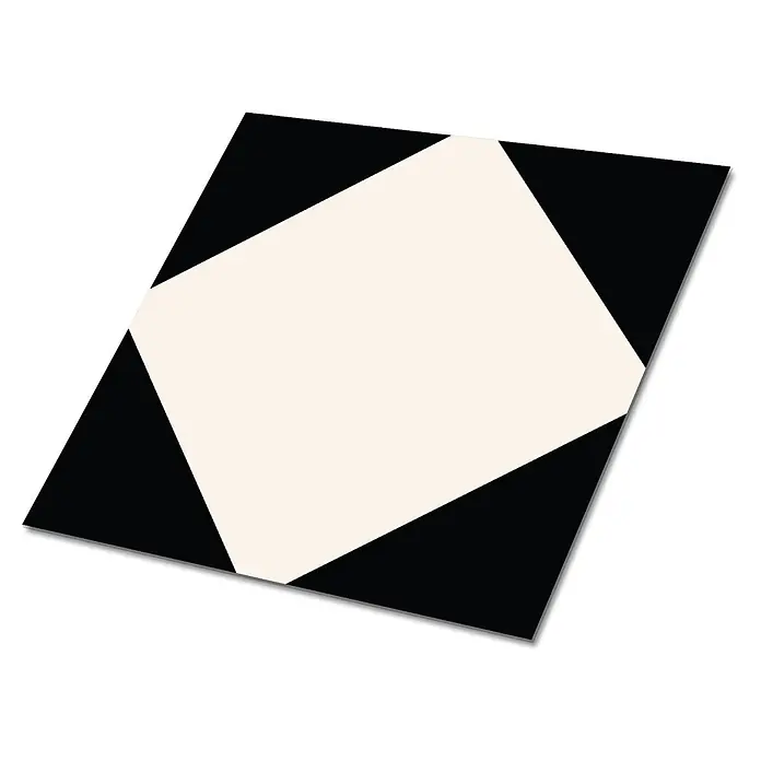 Tulup Wandfliese - Glänzend - Schwarz und cremefarbene Fliese mit zentralem Diamantmuster und Eckdreiecken.