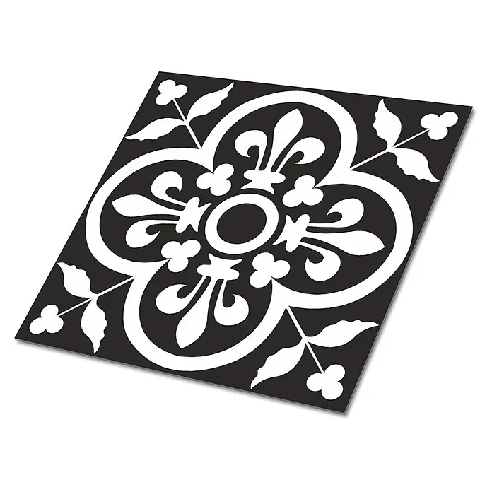 Tulup Wandfliese - Glänzend - Schwarze quadratische Fliese mit weißem symmetrischem Blumen- und Lilienmuster.