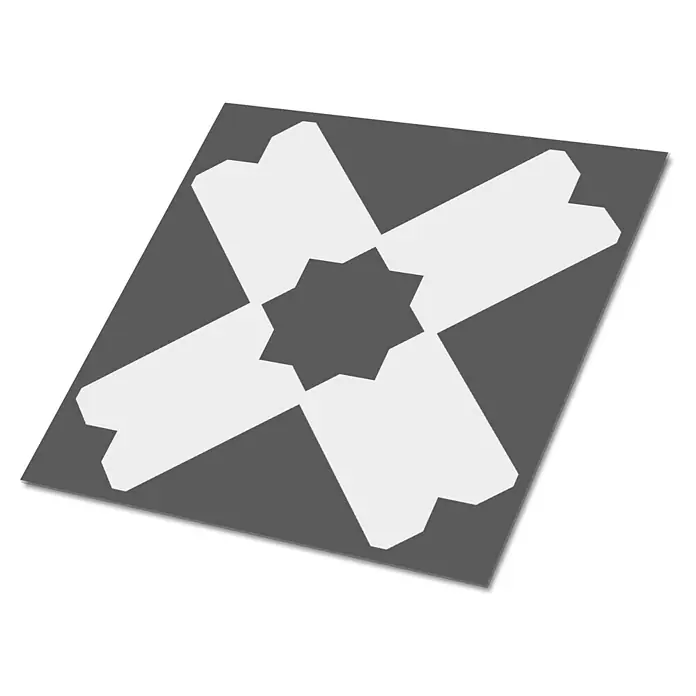 Tulup Wandfliese - Glänzend - Geometrische Fliese mit dunkelgrauem 8-zackigem Stern in der Mitte und vier strahlenden weißen Propellerformen.