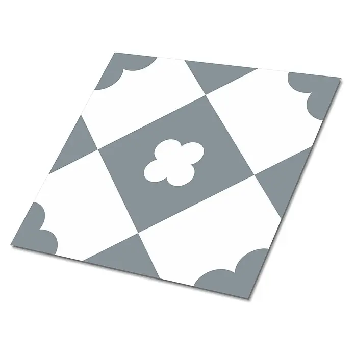 Tulup Wandfliese - Glänzend - Weiß-graue Fliese mit geometrischem Muster, zentralem Kleeblatt-Design und abgerundeten Eckmotiven.
